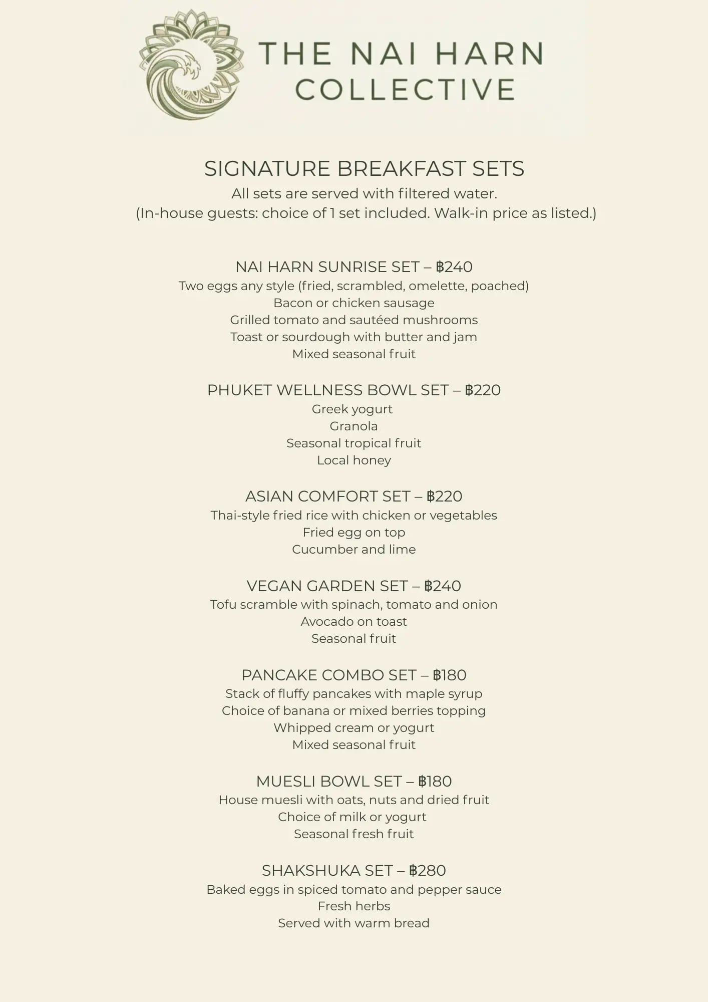 The Nai Harn Collective Breakfast menu page 1 - featuring gourmet dishes, beverages, and dining options at our boutique villa hotel in Phuket